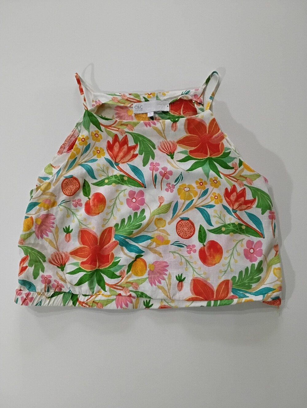 C&C California Linen Cami Crop‎ Top Womens Large White Tropical Floral Print
